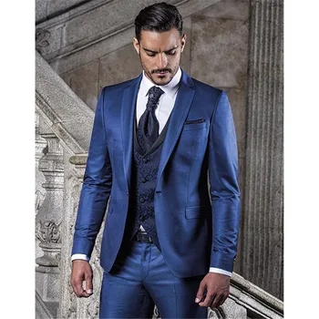 Po meri Narejene Modra Terno Ženina Tuxedos Groomsmen Kostum Homme Mens Poročno Obleko Slim Fit Moški Obleko ( Suknjič+Hlače+telovnik)