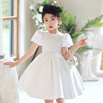 Dekle Obleko Beli Saten Nov Cvet Otrok Elegantno Princesa Obleke Žogo Sprehod Kažejo, Klavir Uspešnosti Oblačila y1038