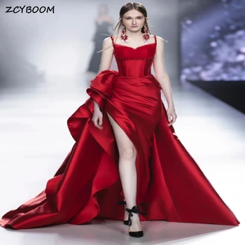 Elegantno Rdeče Ljubica Večer Stranka Poročne Obleke 2023 Backless Brez Rokavov Visoko Režejo Z Zamahom Vlak Poročne Halje Za Ženske