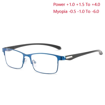 +1.0 +1.5 +4.0 Modra Svetloba Blokiranje Kvadratnih Recept Očala S Power Metal Kratkovidan Očala 0 -0.5 -1.0, Da -6.0