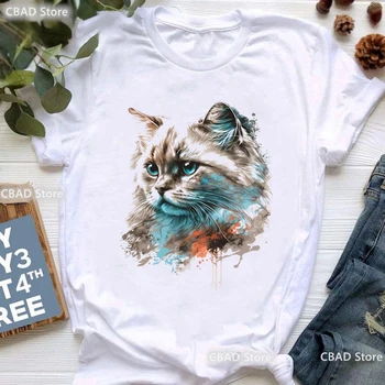 Akvarel Mačka Živali Tiskanja Tshirt Ženske Oblačila Mačka Jesti Špagete T Shirt Femme Harajuku Majica Poletje Modni T-Shirt