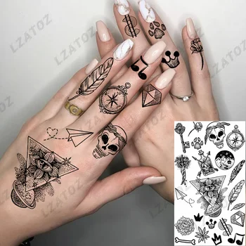 DIY Pero Lobanje Drobne Začasne Tetovaže Za Ženske Odraslih Diamond Letalo Opombe Ponaredek Tatoos Prst Stroj Majhne Tattoo Nalepka