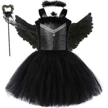 Črna Dark Angel Halloween Kostumi za Dekleta, Otroci Karneval Fancy Stranka Obleko s Perjem Krila Nastavite Otrok Strašno Tutu Obleko