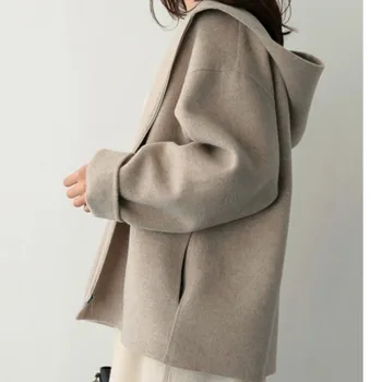 Jeseni in pozimi hooded volnene jakna ženske kratke ohlapne barva mala in priložnostne
