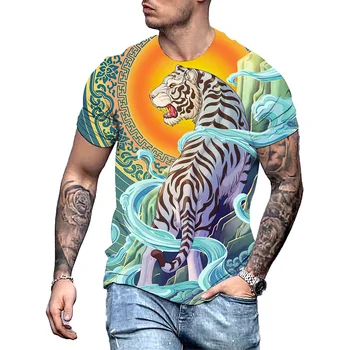 Moda 3d Tiger Natisnjeni moška T Majica Priložnostne O-vratu Prevelik Kratek Rokav Poletne Ulične Hip Hop Vrhovi Živali Tees Oblačila