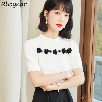Pletene majice Ženske Poletje Crop Tops 3D Dekoracijo Moda Slim Sladko Vse-tekmo Mehko Priložnostne korejskem Slogu Ponudbe Elegantna Priljubljen