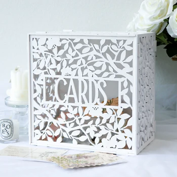 Bela Poročna kartonasta Škatla za Sprejem Votle Lesene Darilne Kartice Polje z Režo za DIY Poroko Pomnilnik Denar kartonasta Škatla za Obletnico