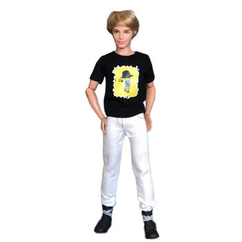 Obleke, Casual Wear Za Ken Lutke Black T-Shirt & White Dolge Hlače Oblačila, ki Za Barbie je Fant Ken Lutka Accesssories Igrače
