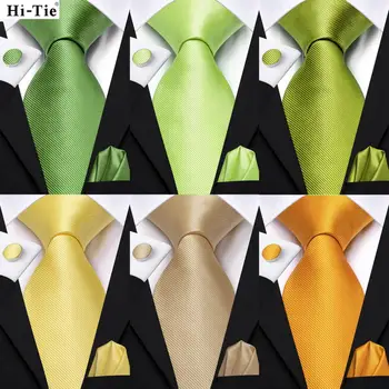 Hi-Tie Trdna Zelena Oranžna Mens Moda Kravatni Handkerchief zapestne gumbe za Jopičem Dodatek Klasični Svile Luksuzni Kravato za Človeka Darilo