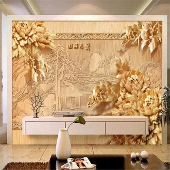 Beibehang Velika zidana fotografije, 3 d woodcarving peony cvetje 3 d TV steno stensko ozadje sedenje prostor kavč 3d ozadje