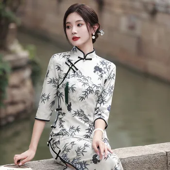 Yourqipao Jeseni Antilop Črnilo Cheongsam Natisnjeni Elegantne Retro Moda Dnevno Qipao Kitajski Tradicionalni Slog Večerno Obleko za Ženske
