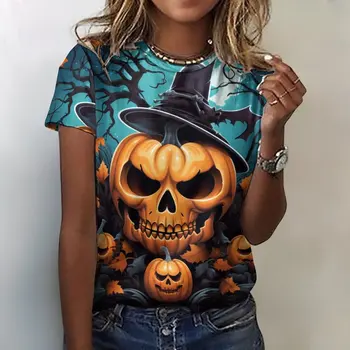 Ženska Moda in ženske Kratek Rokav Tee Halloween Buče Natisni T-shirt Goth T-majice Harajuku Ulične Prevelik Bluzo
