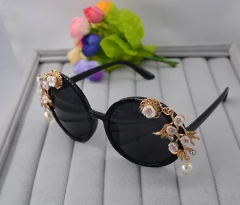 Moda Rose Cvet sončna Očala za Ženske Okrogla sončna Očala Ogledalo Pearl Dekoracijo Očala Oculos De Sol Feminino blagovne Znamke Oblikovalec