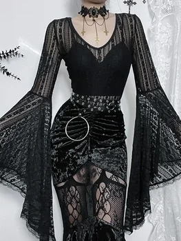 2024 Black Gothic Čipke Žensk Seksi Odklon Očesa Obleka, Ljubica Vratu Flare Dolg Rokav Obleka, Goth Punk Jumpsuit Clubwear