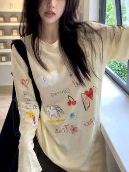Deeptown korejskem Slogu Lepe Risanke, Bež barve majice Ženske Y2k Kawaii Sladko Dolg Rokav Tee Egirl Harajuku Prevelik Ohlapne Majice